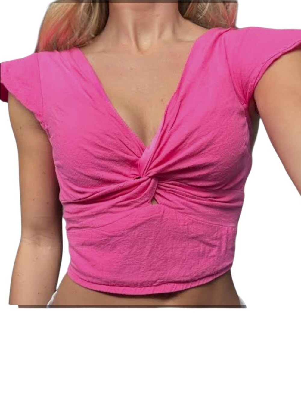 Midnight Sky Pink Twist Front Linen Blend Crop Top Sz XS